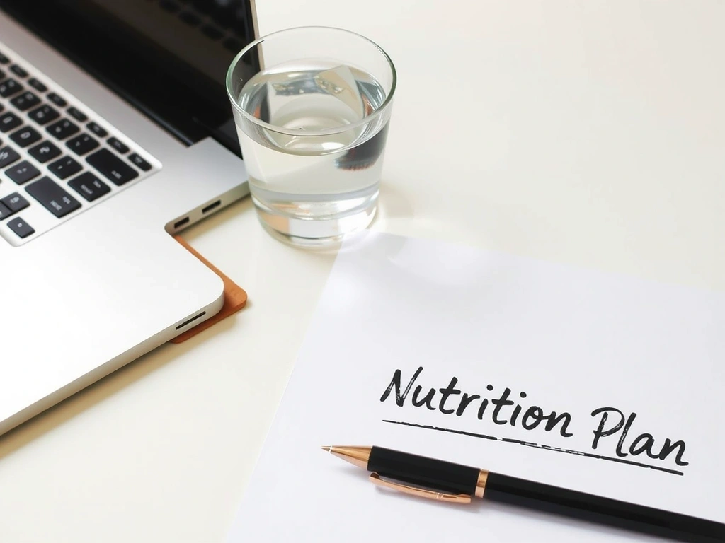 Schreibtisch mit Wasser und Ernährungsplan